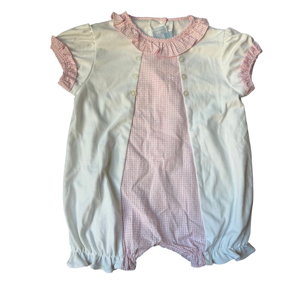 Little English pink gingham bubble romper 24m